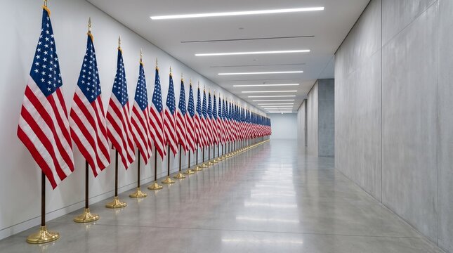 Rows of American flags lining a modern hallway creating a sense of patriotism and national pride