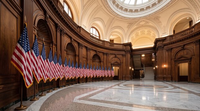 Grand Ceremonial Hall Interior Featuring A Long Row of United States National Flags on Display