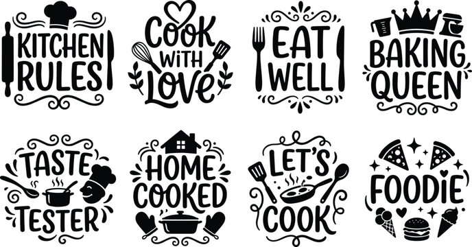 Set of black kitchen themed typography quotes and cooking icons for home decor and creative culinary design projects