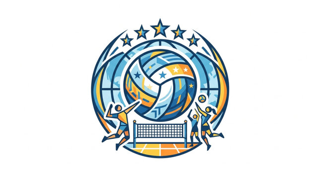 Colorful Volleyball Emblem with Stars and Net Design.