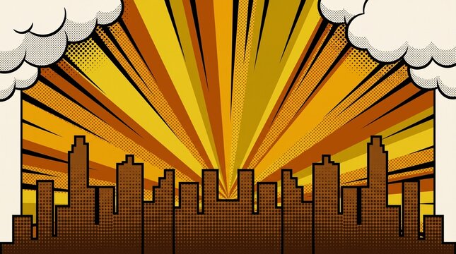 Golden orange skyline with retro comic sunburst rays, fluffy clouds, and city silhouette. Ideal for travel, business, editorial, and promotional designs.