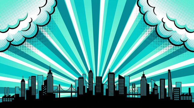 Light teal retro city skyline featuring radiant sunburst rays, fluffy comic clouds, and a modern urban silhouette. Ideal for banners, presentations, posters, websites, and creative graphic design.