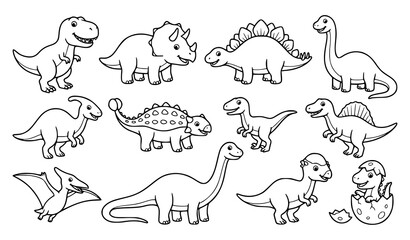 Cartoon dinosaurs in black and white line art for coloring book or kids illustration © Alamin