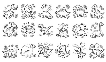 Colorful Cartoon Dinosaurs in Various Scenes Line Art for Kids Activities cartoons © Alamin