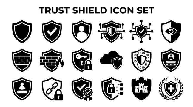 A collection of black and white cybersecurity icons representing data protection, encryption, and network safety.