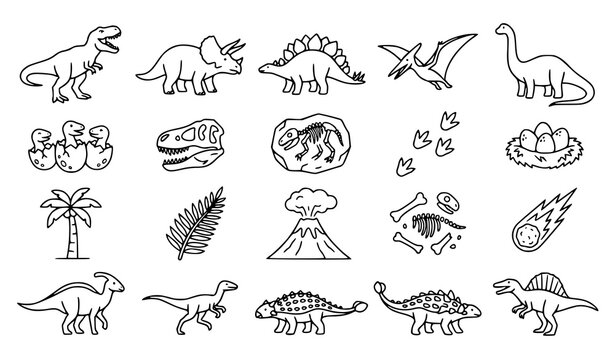 Collection of various dinosaurs, plants, and prehistoric elements in a line art style