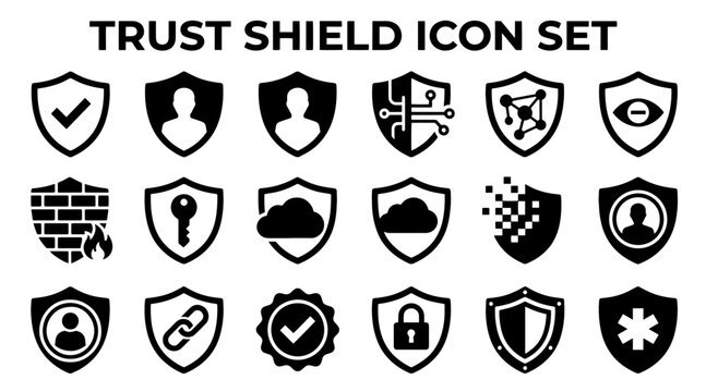 A collection of black vector shield icons representing cybersecurity, data protection, and digital safety.
