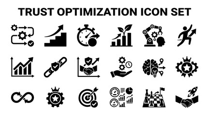 Fototapeta premium A collection of professional black vector icons representing business growth, strategy, trust, and optimization.
