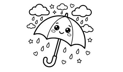 Cartoon smiling umbrella with rain and clouds on white background stars hearts