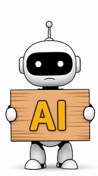 Cartoon robot mascot holding wooden sign with AI text.