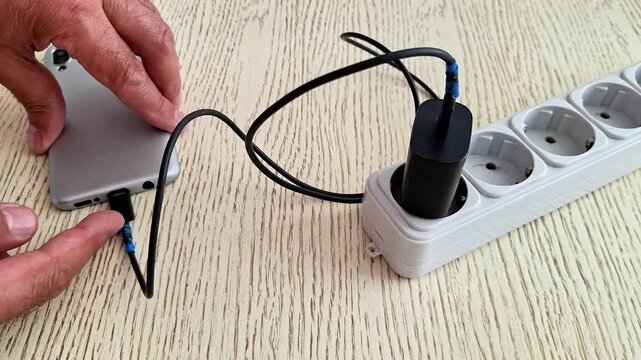 Hand plugs charging cable into smartphone connected to power strip, highlighting everyday tech use, device care, and the role of electrical accessories in modern life
