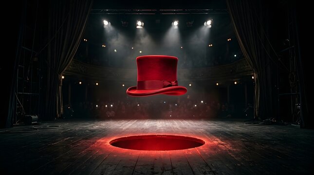 Happy halloween magic show red top hat over mysterious stage hole