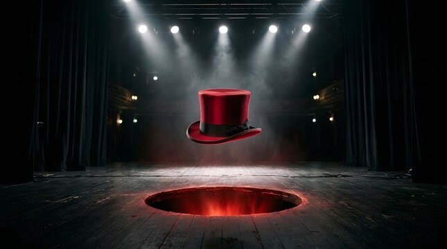 Happy halloween magic show red top hat and mysterious portal on stage