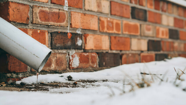 A white gutter pipe dripping water onto melting snow against a brick wall