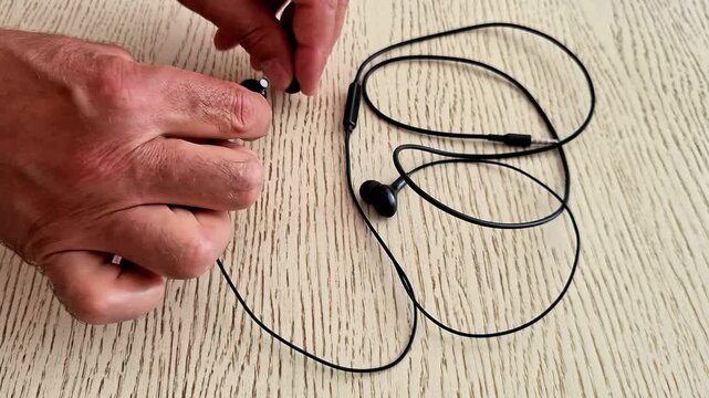 Black wired earphones with coiled cable and 3.5mm jack lie on a light wood textured table surface. Close-up high angle view of classic portable audio technology accessory