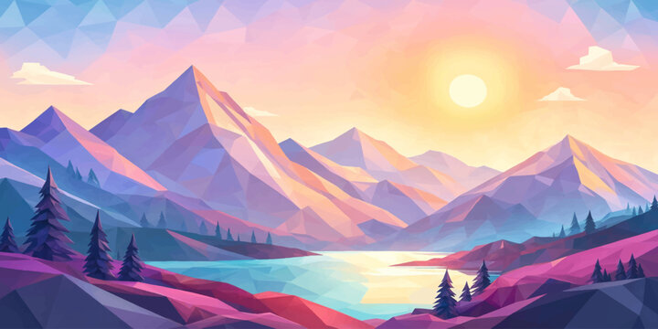 Colorful low poly mountain landscape with lake and pine forest mountain landscape geometric abstract reflection