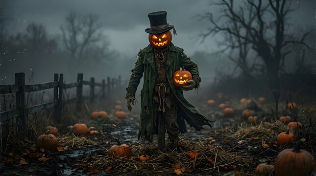 Spooky scarecrow happy halloween decorations and festive autumn scene
