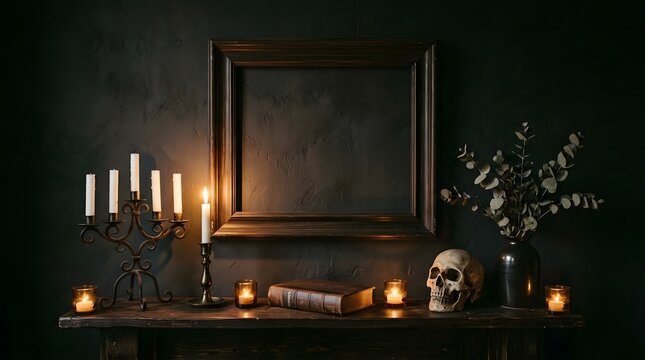 Spooky happy halloween still life skull candles and antique frame for dark decor