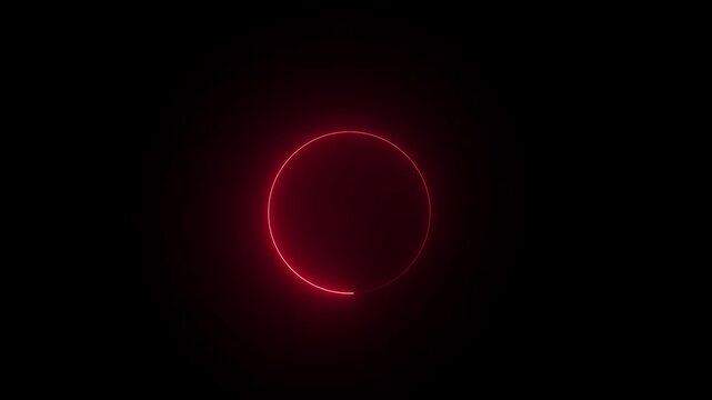 Abstract red neon light circle continuously illuminating and fading in dark void, creating futuristic glowing ring effect, seamless loop motion graphics background.