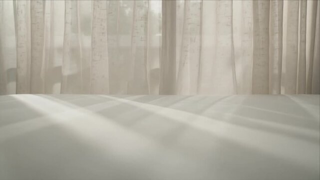 Linen curtain shadow background with soft light minimal bedroom morning, luxury fabric texture and gentle sunbeam pattern white bed surface, calm warm elegant interior mood with dreamy abstract