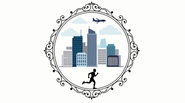 Urban Marathon Runner & Cityscape Silhouette in Decorative Frame
