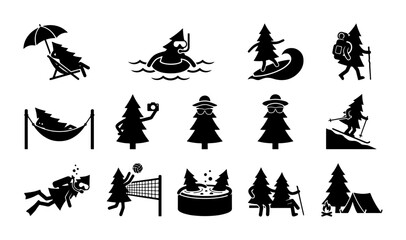 Fototapeta premium Christmas Tree Vacation Icons: Festive Holiday Activities, Winter Sports, Summer Fun, Camping Adventures, Relaxation, and Recreation Vector Set