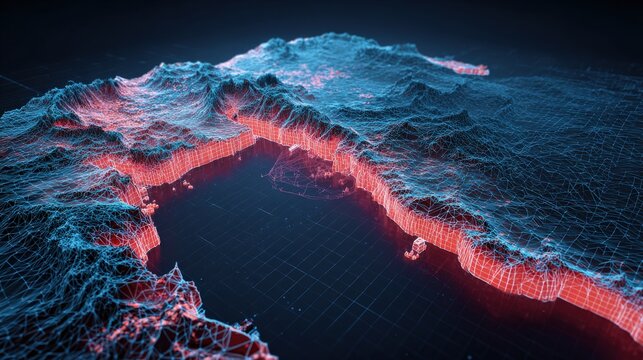 An abstract digital representation of tectonic plate movement, glowing with hot red and cool blue tones against a dark grid background. ..Created with Generative AI, not depicting real subjects.