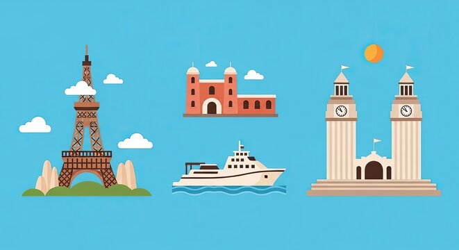Flat vector world travel landmarks and icons set.