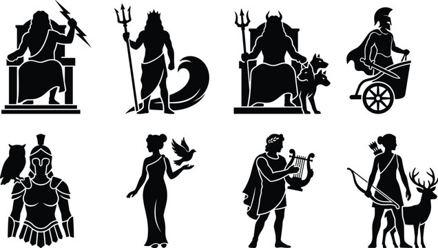 Set of Greek Mythology God and Goddess Silhouettes Featuring Iconic Divine Figures