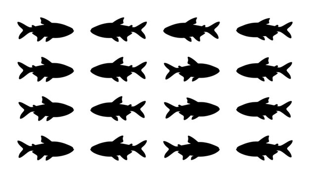 Seamless Pattern of 16 Black Shark Silhouettes, Marine Life Vector Illustration, Aquatic Predator Repetition for Backgrounds and Design