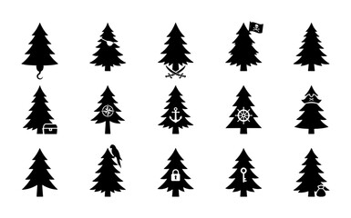 Obraz premium Christmas Tree Icons Collection, Festive Holiday Vector Graphics, Silhouette Pine Tree Symbols with Nautical and Pirate Elements, Seasonal Decoration Set