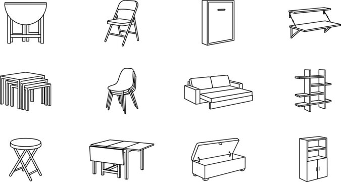 Space Saving Smart Furniture Icon Set Featuring Folding Tables Stackable Chairs Sofa Beds and Compact Home Interior Storage Solutions