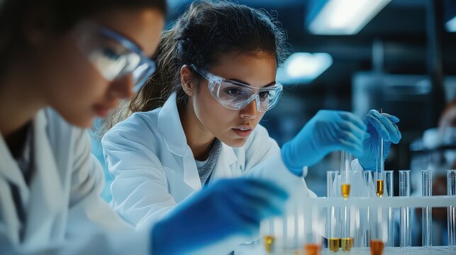 Chemists perform liquid analysis using glass test tubes while working at a laboratory station in a professional facility.