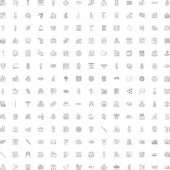 Fototapeta premium Large collection of line art icons outlining various business, technology, food, travel, medical, and everyday objects, representing different concepts and design elements for user interfaces