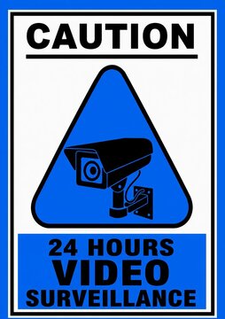 Caution sign for 24 hours video surveillance with security camera icon