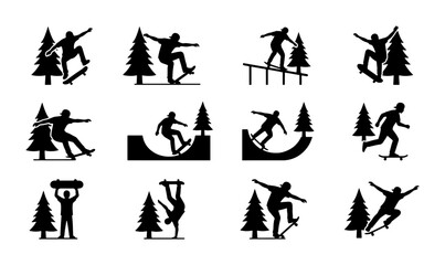 Skateboarder Silhouette Icons, Extreme Sports Vector Set, Urban Street Culture Graphics, Dynamic Action Poses with Trees © Nayem