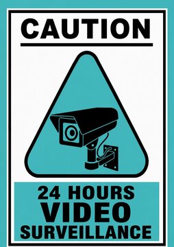 Caution sign showing 24 hours video surveillance with security camera icon