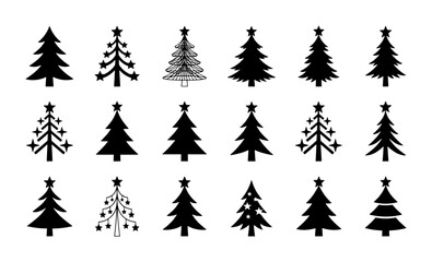 Obraz premium Christmas Tree Icons Set, Festive Holiday Vector Graphics, Winter Celebration Symbols, Black and White Decorative Elements