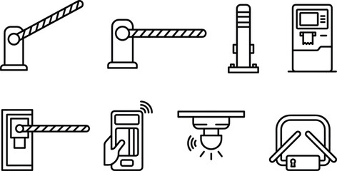 Parking security and access control vector line icon set featuring automatic boom barrier gates, ticket machine, bollard, contactless card payment, sensor, and turnstile system © MSTKAOCHARA
