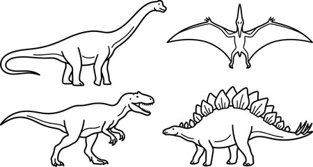 Prehistoric dinosaur vector line art collection featuring long neck brachiosaurus, flying pterodactyl, roaring tyrannosaurus rex, and armored stegosaurus ancient reptile characters © MSTKAOCHARA