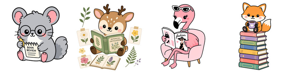 Fototapeta premium Cute animal reader book review kawaii mouse deer reading flamingo reading fox with books cozy reading book stack floral illustration Cute animal