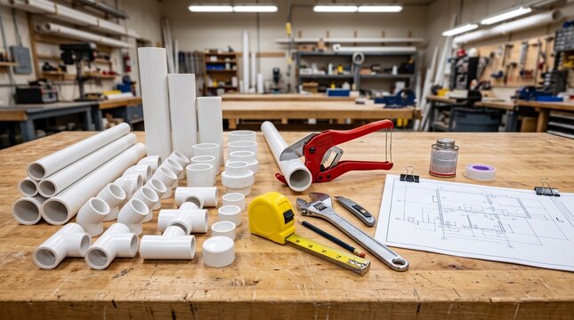 PVC pipes with elbows, tees, couplings, pipe cutter, adjustable wrench, measuring tape, and plumbing blueprint on a clean workbench. Organized plumbing installation concept.