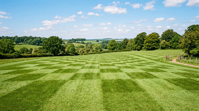 Vibrant Checkerboard Pattern on Freshly Mowed Green Grass in Bright Summer Sunshine
