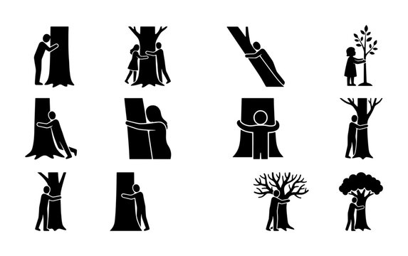 Diverse Human-Tree Embrace Silhouettes, Nature Connection Icons, Eco-Friendly Symbol Set, Environmental Awareness Graphics