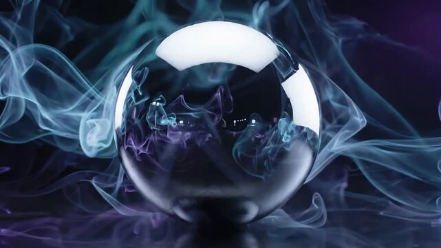 A polished chrome sphere surrounded by swirling colorful smoke on a dark background.