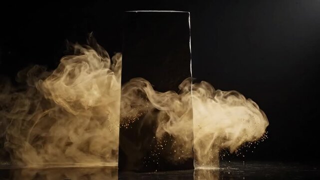 Abstract dark glass monolith surrounded by swirling golden smoke on a black background.