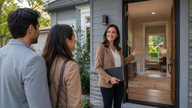 Real Estate Agent Welcoming Couple During Home Tour and Property Viewing at Modern House Entrance