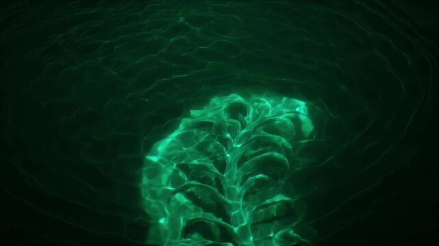 Luxury green light overlay background with glowing leaf pattern dark water surface mystical abstract ripple circle reflection and plant silhouette glow for dreamy nature meditation design and digital