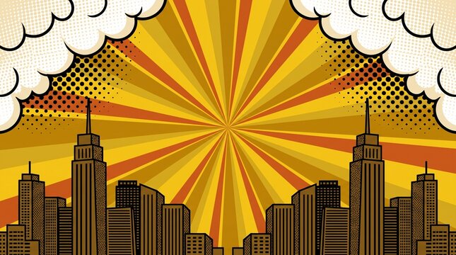 Bright golden anime-style skyline featuring vintage sunburst rays and fluffy comic clouds. Ideal for manga scenes, visual novels, promotional graphics, and website banners.