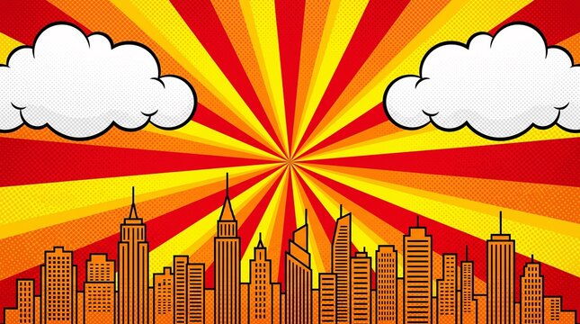 Stylish anime sunset skyline with vivid comic sunburst rays and detailed urban silhouette. Ideal for manga artwork, games, web graphics, and cinematic backgrounds.